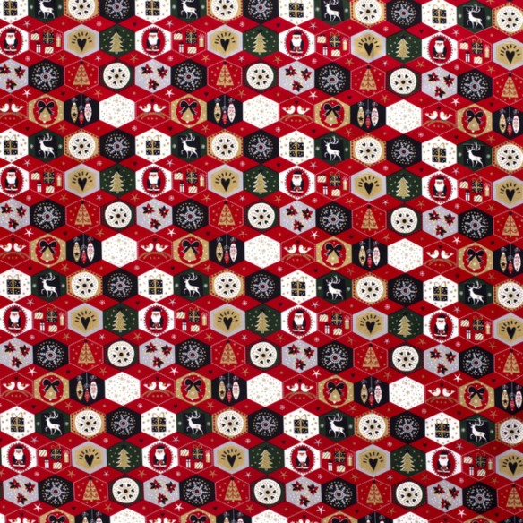 Tessuto di cotone premium - Patchwork di Natale Hexagon Red