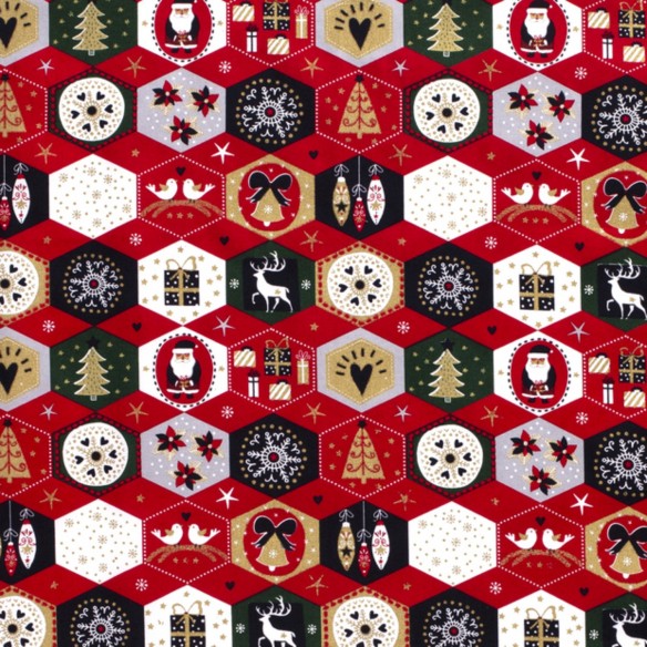 Tessuto di cotone premium - Patchwork di Natale Hexagon Red