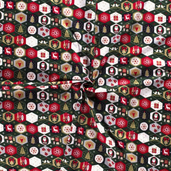 Tessuto di cotone premium - Patchwork di Natale Hexagon Green