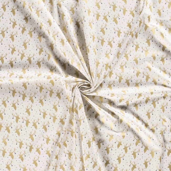 Tessuto di cotone premium - Corna di renna natalizia oro bianco