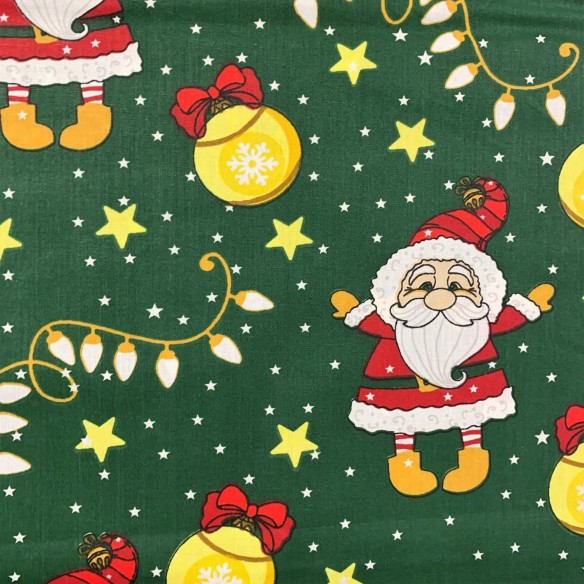 Tessuto di cotone - Babbo Natale e luci di Natale verde