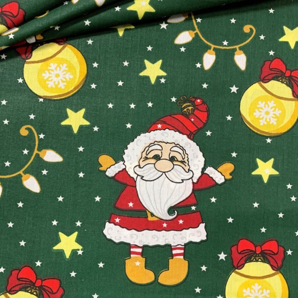 Tessuto di cotone - Babbo Natale e luci di Natale verde