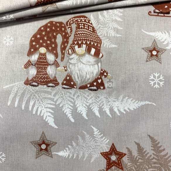 Tessuto di cotone - Natale beige gnomi e pattini