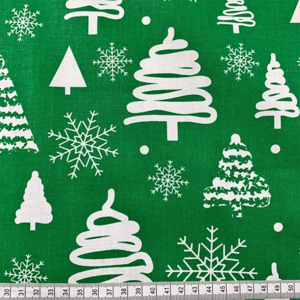 Tessuto di cotone - Alberi di Natale bianco su verde