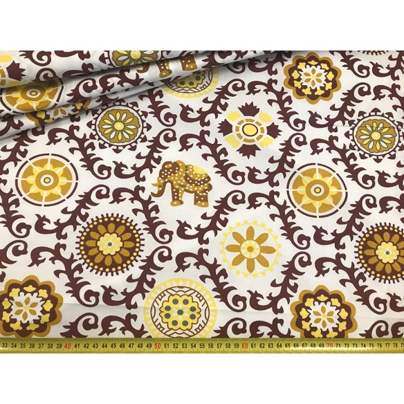 Tessuto in cotone - Motivo indiano Elefanti Senape