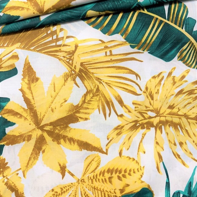Tessuto di cotone - Grandi foglie verde-oro su bianco
