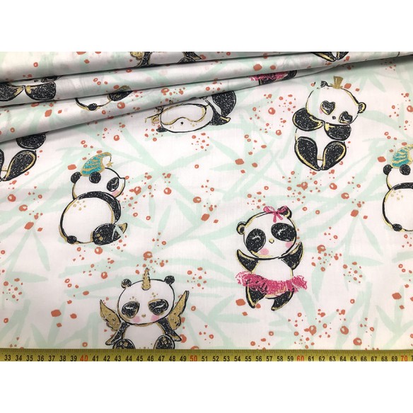 Tessuto di cotone - Panda con dettagli dorati su bianco