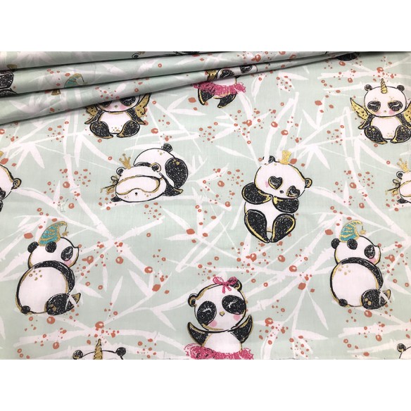 Tessuto di cotone - Panda con dettagli dorati su Menta