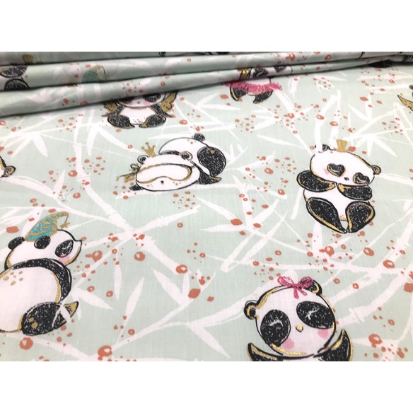 Tessuto di cotone - Panda con dettagli dorati su Menta