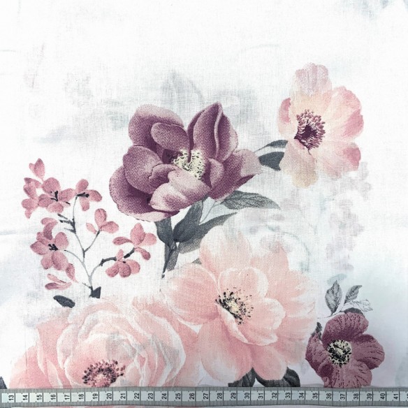 Tessuto di cotone - Rose, foglie, bordeaux e rosa
