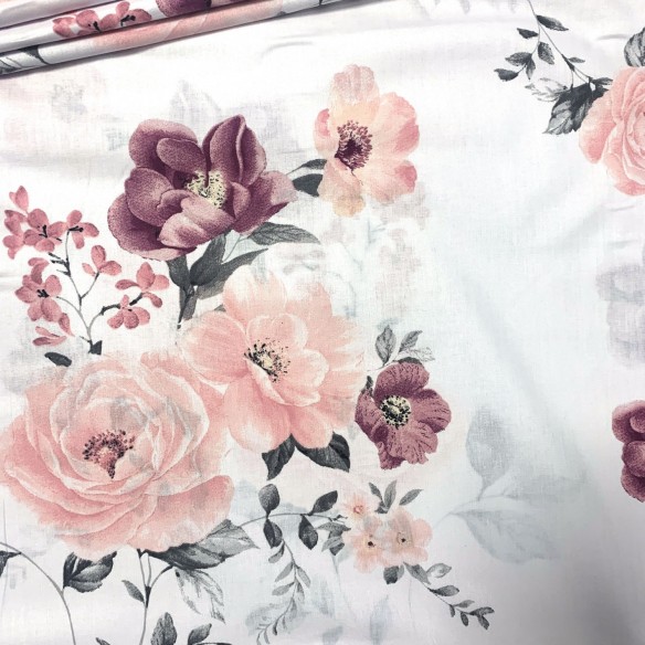 Tessuto di cotone - Rose, foglie, bordeaux e rosa