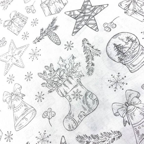 Tessuto di cotone - Regali di Natale grigio su bianco