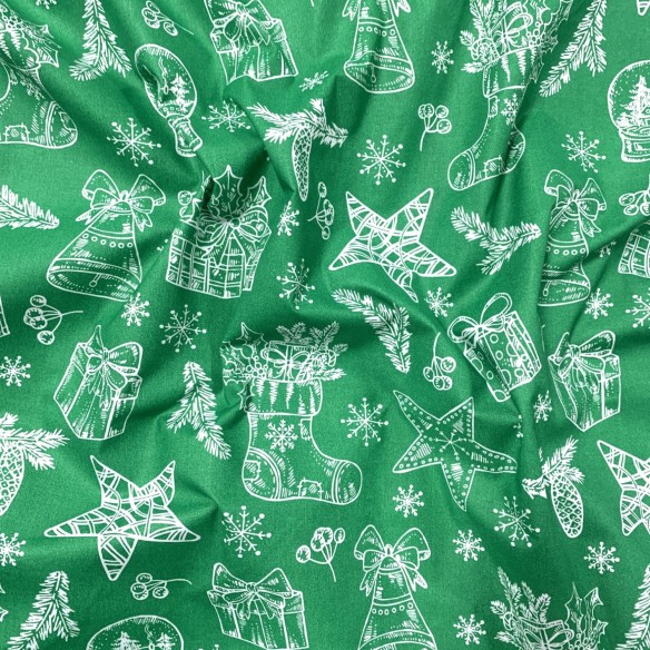 Tessuto di cotone - Regali di Natale bianco su verde