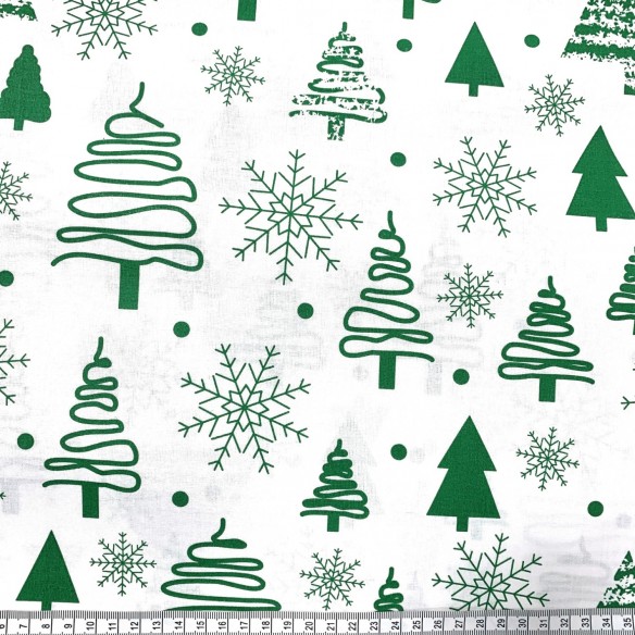Tessuto di cotone - Alberi di Natale verde su bianco