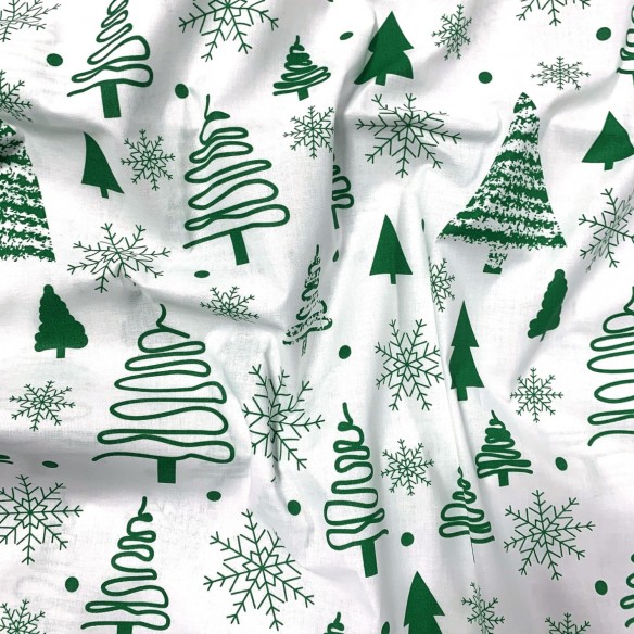 Tessuto di cotone - Alberi di Natale verde su bianco