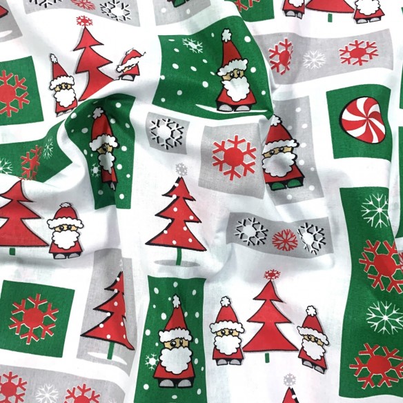 Tessuto di cotone - Patchwork natalizio, Babbo Natale rosso e verde