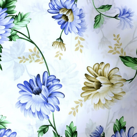 Tessuto di cotone 220 cm - Fiori Blu ed Ecrù