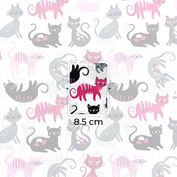 Tessuto di cotone - Gatti rosa e nero su bianco