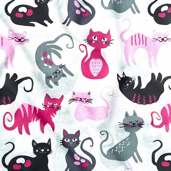 Tessuto di cotone - Gatti rosa e nero su bianco