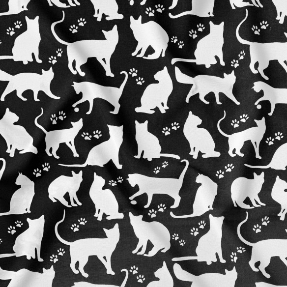 Tessuto di cotone - Grandi gatti bianchi su nero