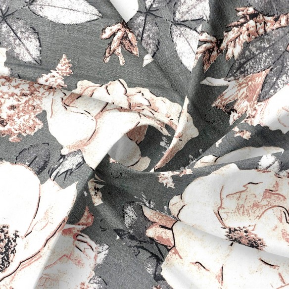 Tessuto di cotone 220 cm - Fiori di peonia su grigio
