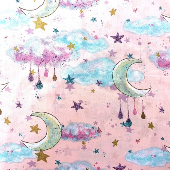 Tessuto di cotone - Lune e Nuvole, Rosa