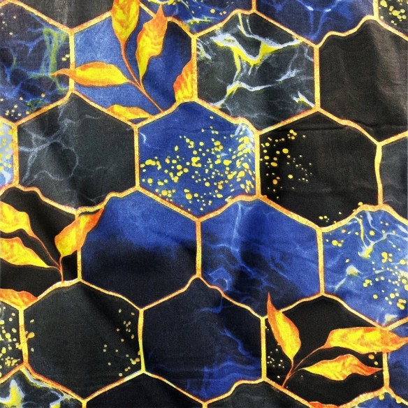 Tessuto di cotone 220 cm - Esagono, Blu e Nero