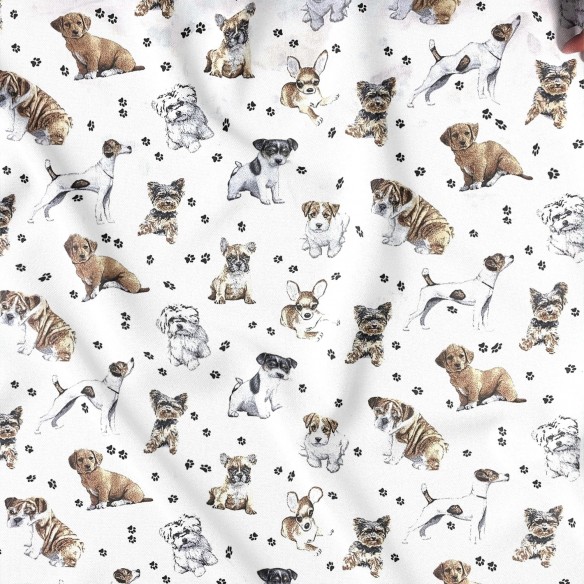 Tessuto di cotone - zampe di cane su sfondo bianco