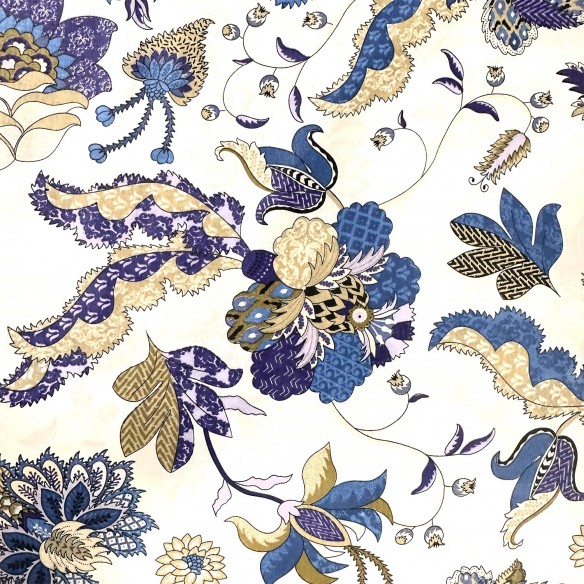 Tessuto di cotone - Motivo orientale, oro e blu