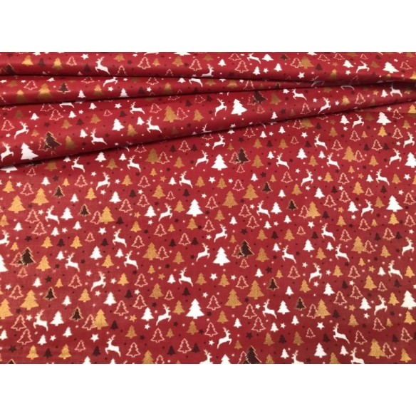 Tessuto di cotone - Alberi di Natale e renne rosse