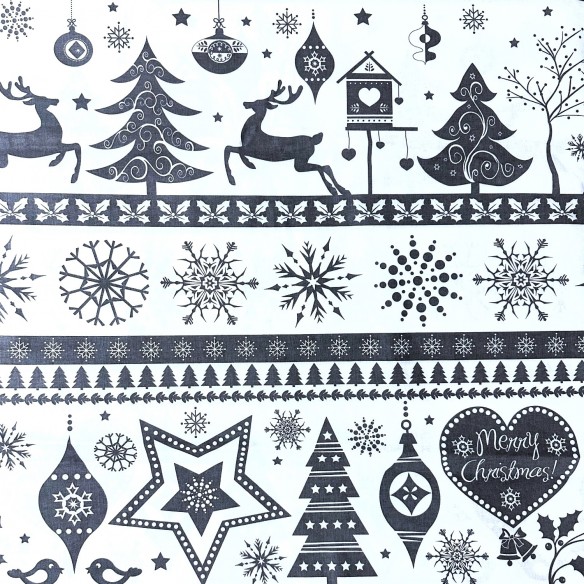 Tessuto di cotone - Alberi di Natale e renne grigio su bianco
