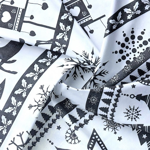 Tessuto di cotone - Alberi di Natale e renne grigio su bianco