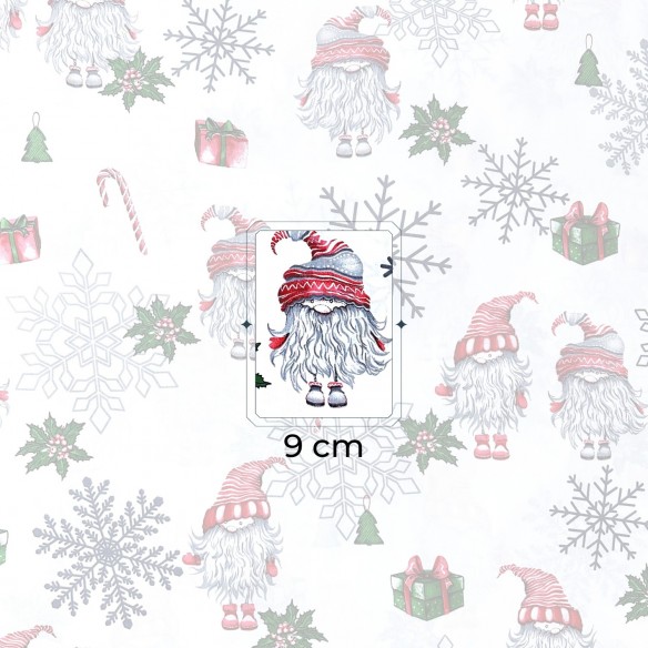 Tessuto di cotone - Babbo Natale e fiocchi di neve su bianco