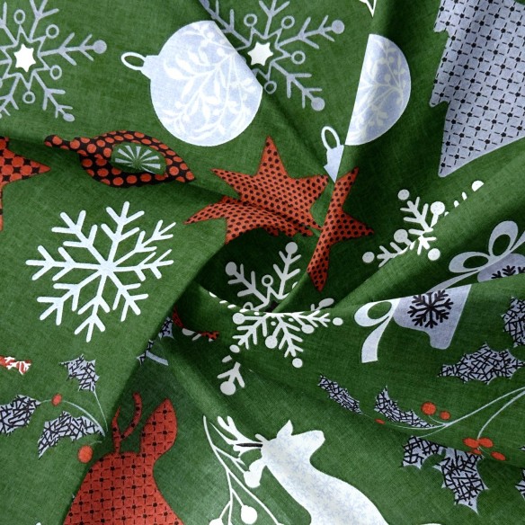 Tessuto di cotone - Fiocchi di neve natalizi e renne, verde