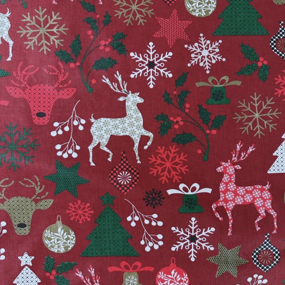 Tessuto di cotone - Fiocchi di neve natalizi e renne, rosso