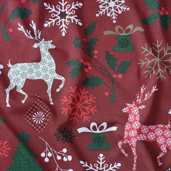 Tessuto di cotone - Fiocchi di neve natalizi e renne, rosso