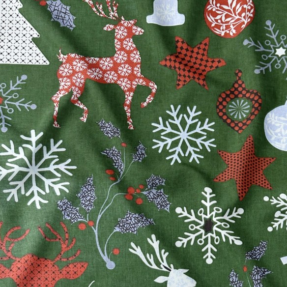 Tessuto di cotone - Fiocchi di neve natalizi e renne, verde
