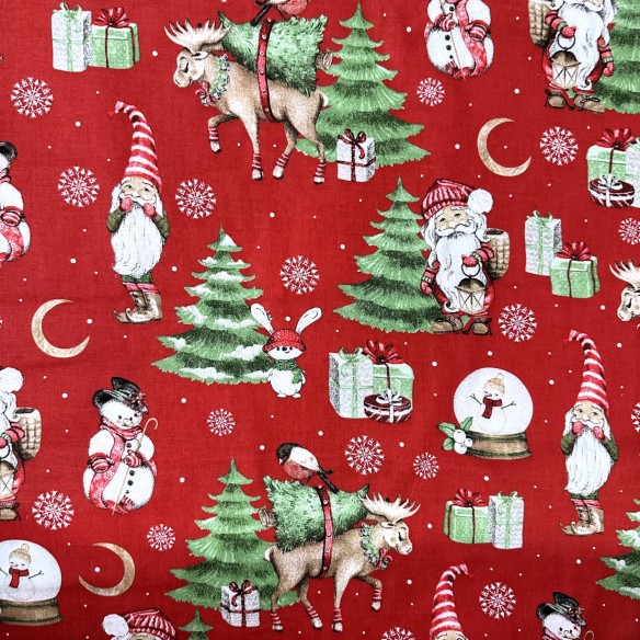 Tessuto di cotone - Renne di Natale e Babbo Natale, rosso