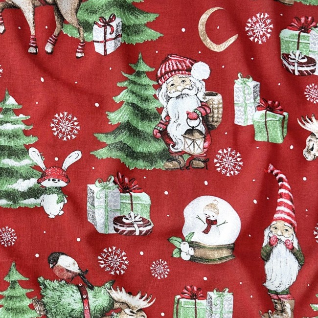 Tessuto di cotone - Renne di Natale e Babbo Natale, rosso