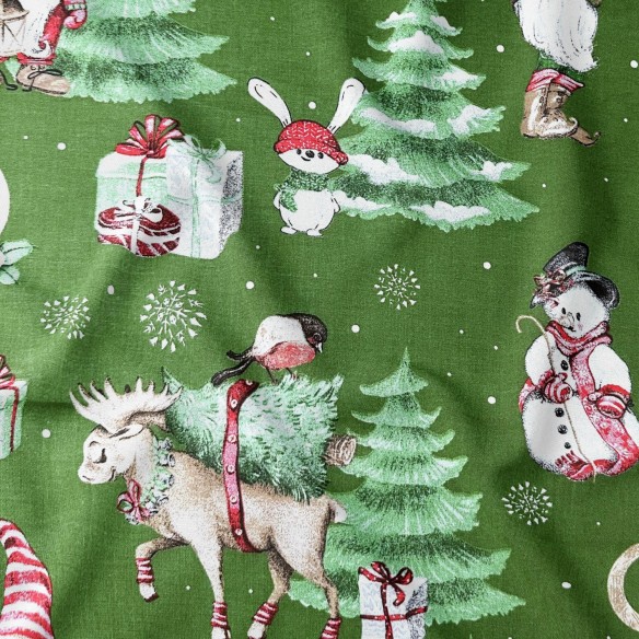 Tessuto di cotone - Renne di Natale e Babbo Natale, verde