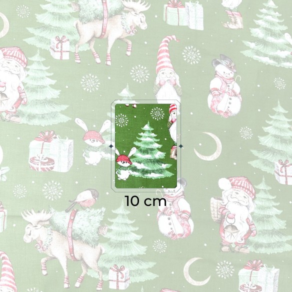 Tessuto di cotone - Renne di Natale e Babbo Natale, verde