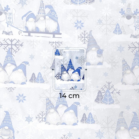 Tessuto di cotone - Gnomi blu di Natale su grigio