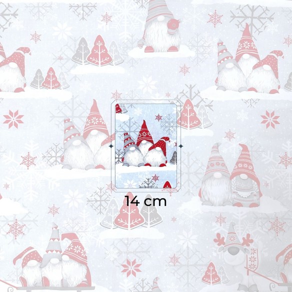 Tessuto di cotone - Gnomi rossi di Natale e fiocchi di neve su grigio