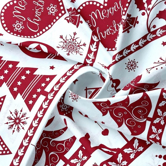 Tessuto di cotone - Alberi di Natale e renne rosso su bianco