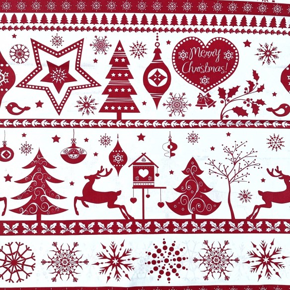 Tessuto di cotone - Alberi di Natale e renne rosso su bianco