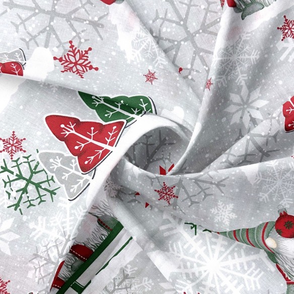 Tessuto di cotone - Gnomi di Natale rossi e verdi su grigio