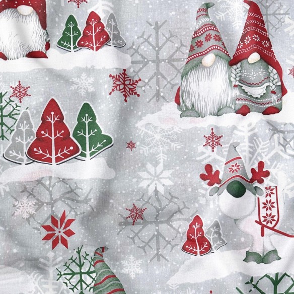 Tessuto di cotone - Gnomi di Natale rossi e verdi su grigio