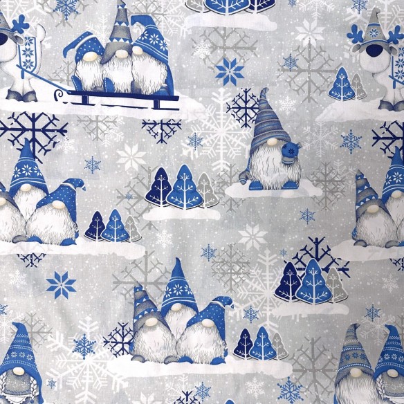 Tessuto di cotone - Gnomi blu di Natale su grigio