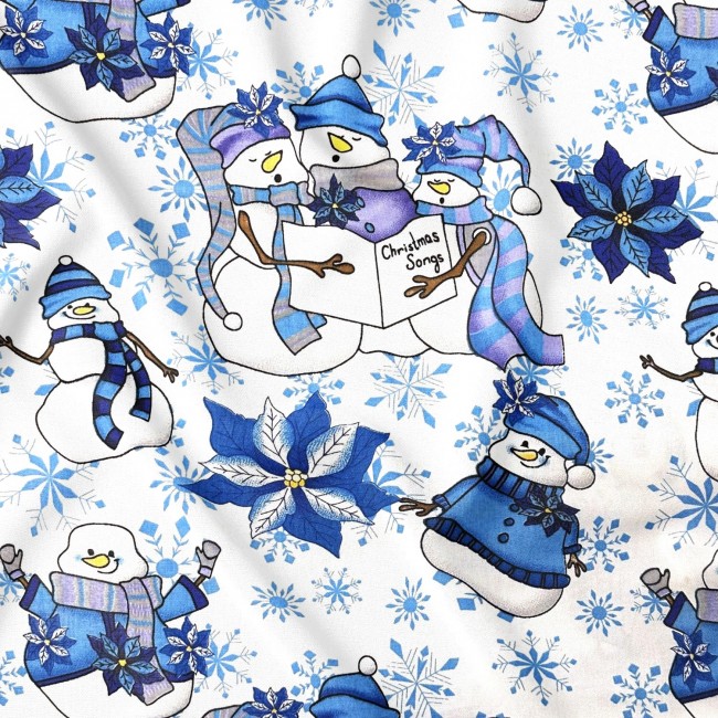 Tessuto di cotone - pupazzi di neve natalizi blu