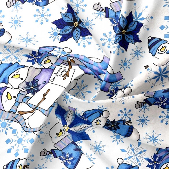Tessuto di cotone - pupazzi di neve natalizi blu